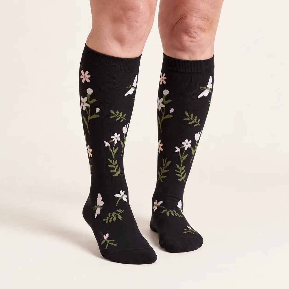 Lovelle Lift compression socks in Black Meadow – front view – knee-high with soft-knit cuff