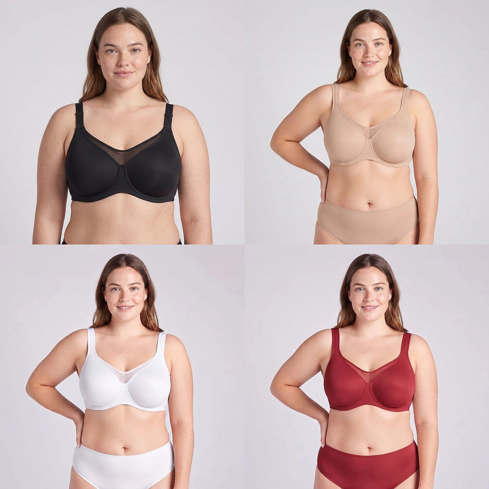 Lovelle Grace minimizer bra in four colours: beige, black, white and wine red