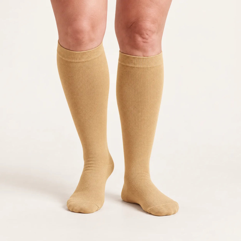 Lovelle Lift compression socks in Sand – front view – knee-high with soft-knit cuff