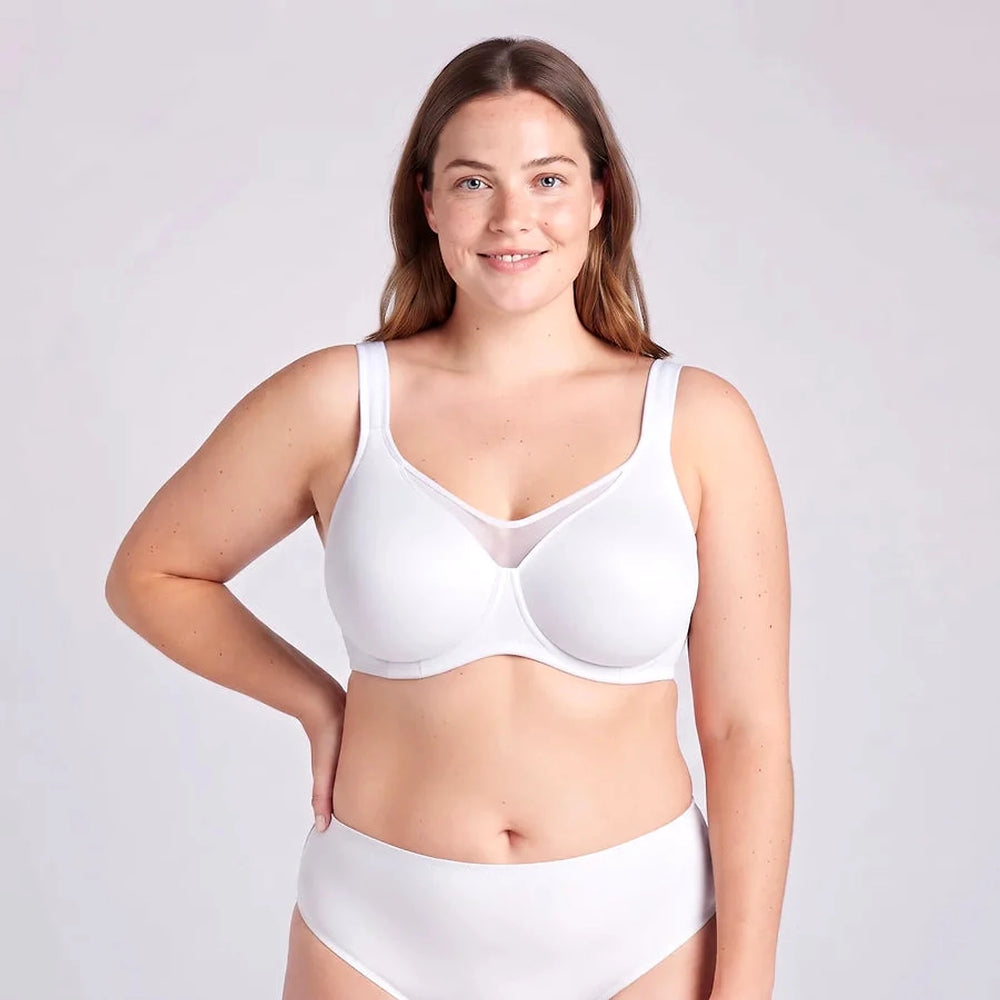 Lovelle Grace minimizer bra in white with smooth unlined cups and mesh panel, on a model