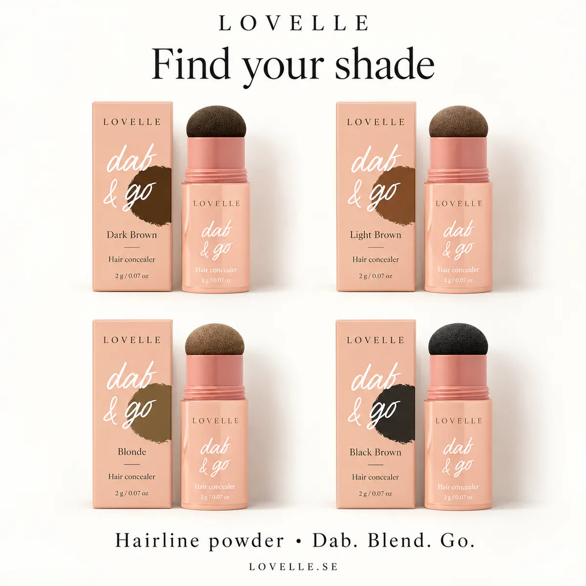 All four shades of Lovelle Dab &amp; Go: Dark Brown, Light Brown, Blonde and Black Brown